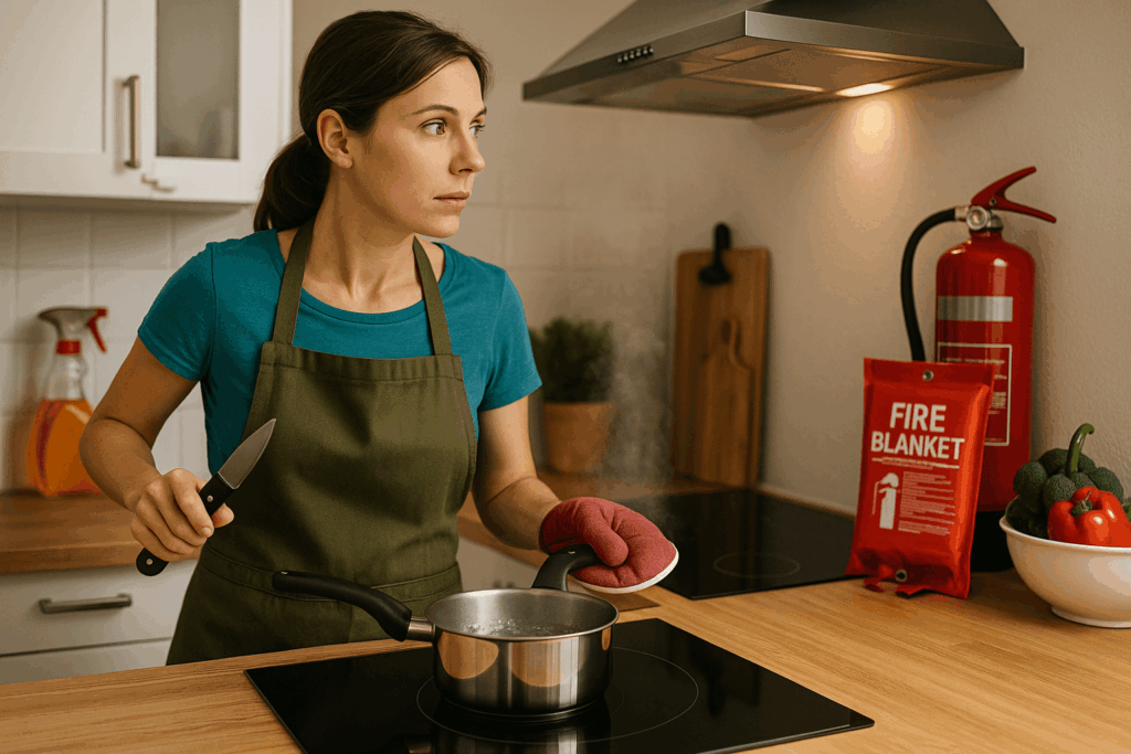 Prévention incendie en cuisine avec extincteur et couverture anti-feu.
