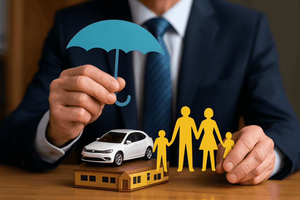 Concept d’assurance protégeant maison, voiture et famille sous un parapluie de protection.
