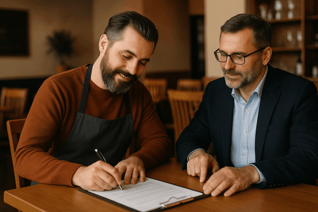 Restaurateur souriant en train de signer un contrat d’assurance sur un clipboard, aux côtés d’un conseiller.
