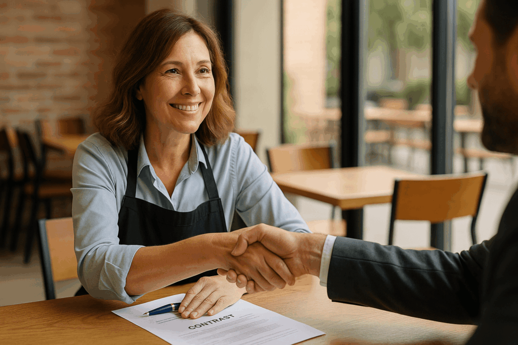 Restauratrice signant un contrat d’assurance et serrant la main d’un conseiller.