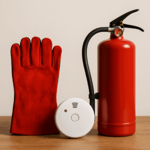 Équipements de sécurité incendie comprenant un gant de protection rouge, un détecteur de fumée et un extincteur.