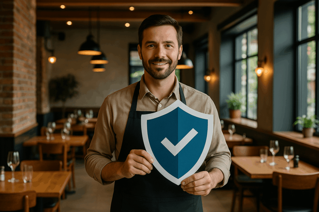Serveur tenant un symbole de protection et sécurité dans un restaurant.