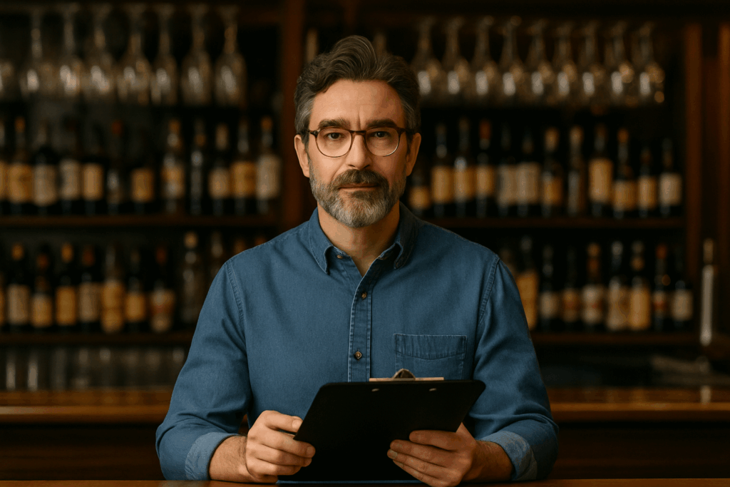 Responsable de bar tenant un clipboard pour contrôle ou gestion.