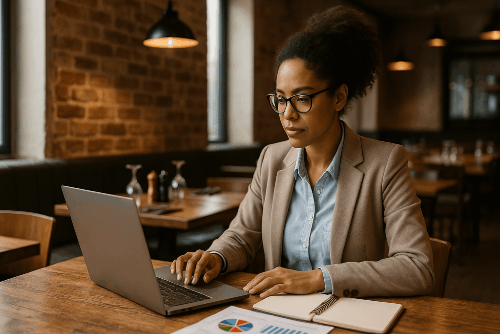 Conseillère analysant des données financières sur ordinateur dans un restaurant.