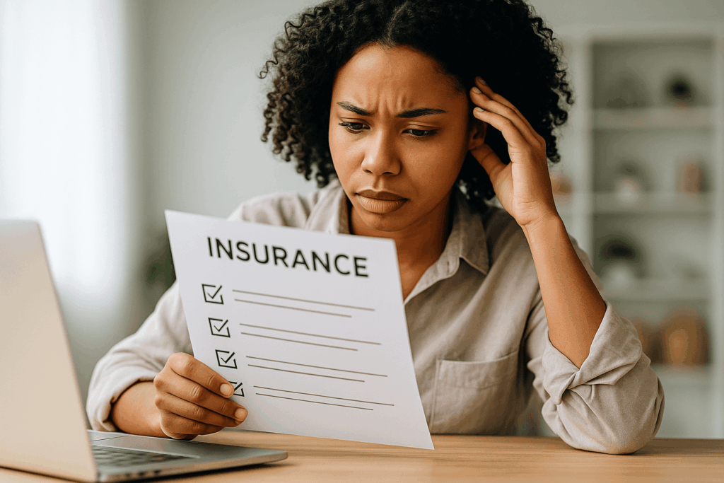 Femme préoccupée lisant un document d’assurance avec une checklist, assise devant son ordinateur portable.