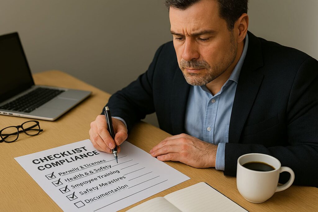 Homme remplissant une checklist de conformité pour la sécurité et la gestion.