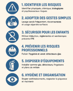 Infographie listant les 6 règles de sécurité en cuisine : identifier les risques, adopter des gestes simples, sécuriser pour les enfants, prévenir les risques professionnels, disposer d’équipements, assurer hygiène et organisation.