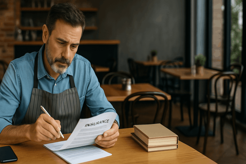 Restaurateur consultant un contrat d’assurance.