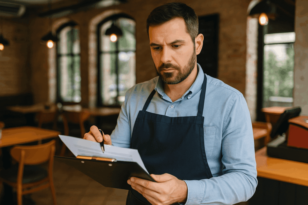 Serveur consultant un document dans un restaurant.