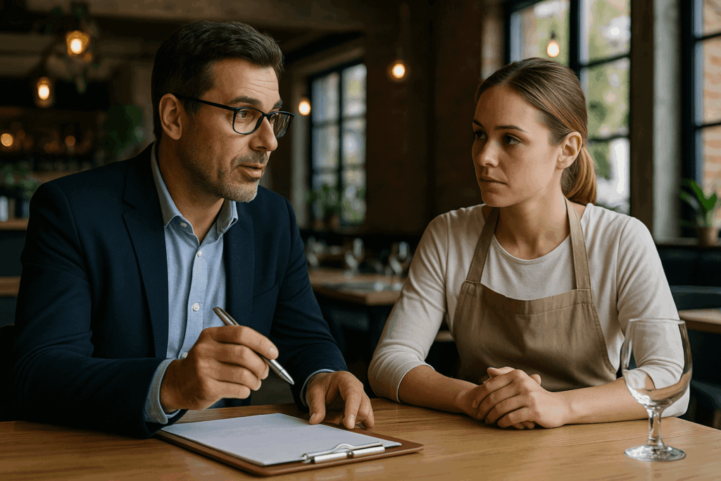 Courtier en assurance expliquant un contrat d’assurance prêt à une restauratrice dans son établissement.