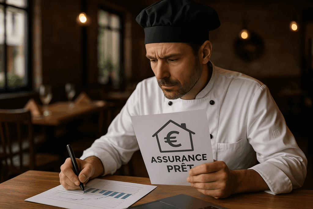 Chef cuisinier consultant un contrat d’assurance prêt pour protéger son investissement professionnel.