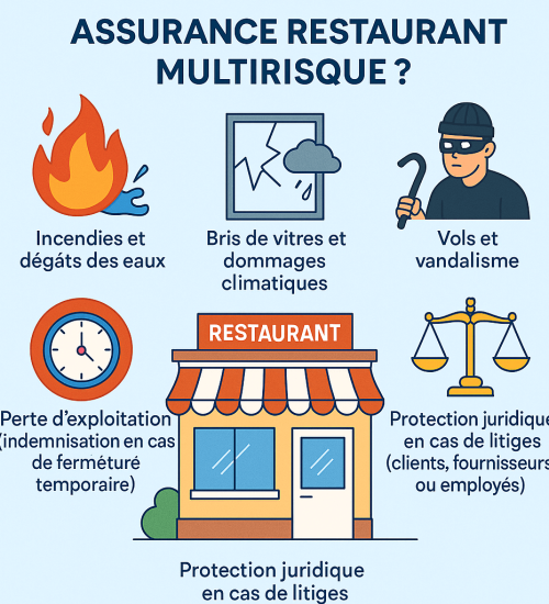 Assurance multirisque pour restaurant Assurance multirisque restaurant : incendies, vols, dégâts, perte d’exploitation et protection juridique.