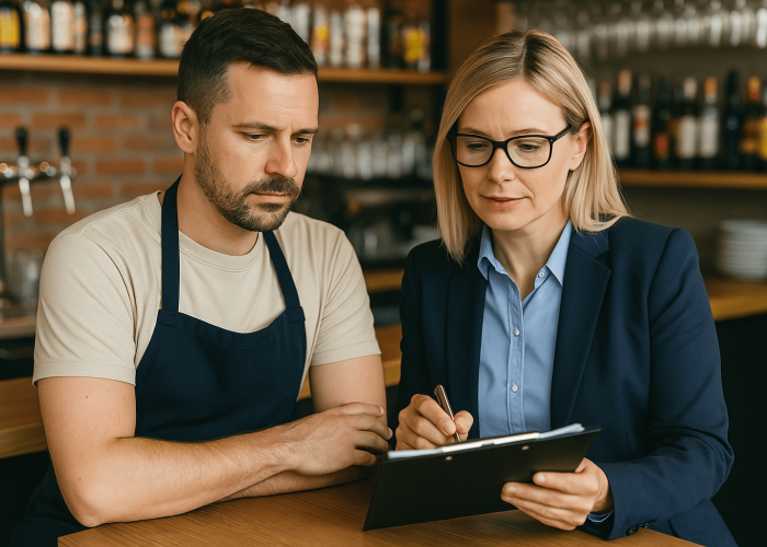Restaurateur échangeant avec une conseillère en assurance Restaurateur échangeant avec une conseillère sur un document.